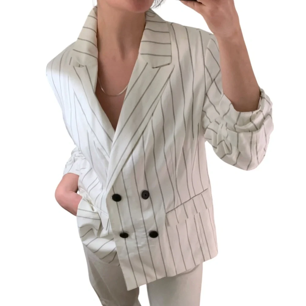 NWOT A NEW DAY 100% Cotton White Black Pinstripe Double Breasted Blazer - sz 16W - Picture 6 of 16